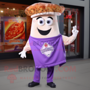 Lavender Pizza Slice mascot costume character dressed with a T-Shirt and Cummerbunds