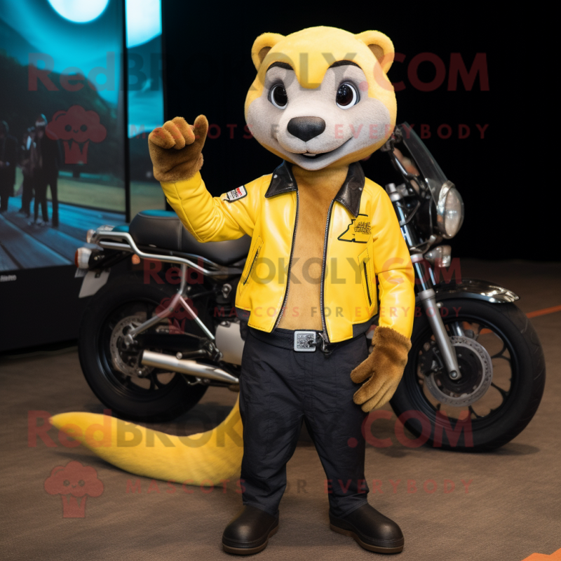 Yellow Mongoose mascot costume character dressed with a Biker Jacket and Brooches