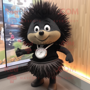 Black Porcupine mascot costume character dressed with a Pleated Skirt and Bracelet watches