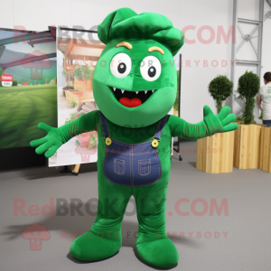 Forest Green Meatballs mascot costume character dressed with a Dungarees and Shoe clips