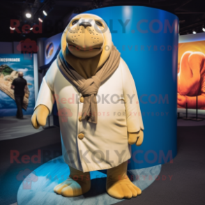 Cream Walrus mascot costume character dressed with a Blazer and Wraps