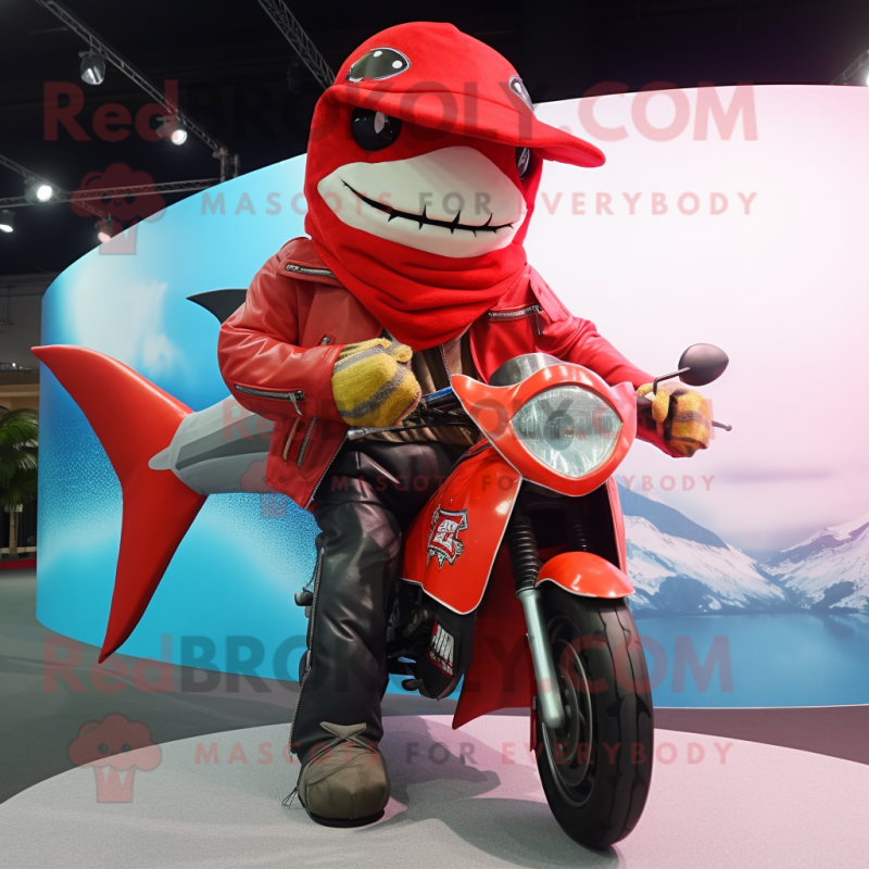 Red Swordfish mascot costume character dressed with a Biker Jacket