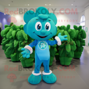 Cyan Bunch Of Shamrocks mascot costume character dressed with a Graphic Tee and Rings