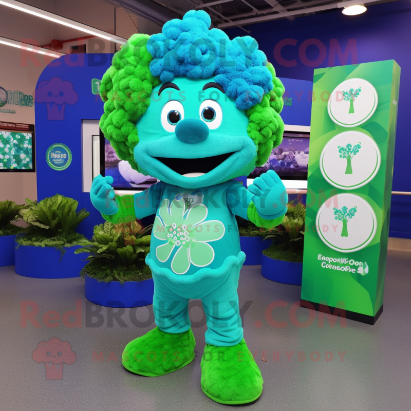 Cyan Bunch Of Shamrocks mascot costume character dressed with a Graphic Tee and Rings