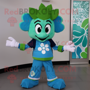 Cyan Bunch Of Shamrocks mascot costume character dressed with a Graphic Tee and Rings