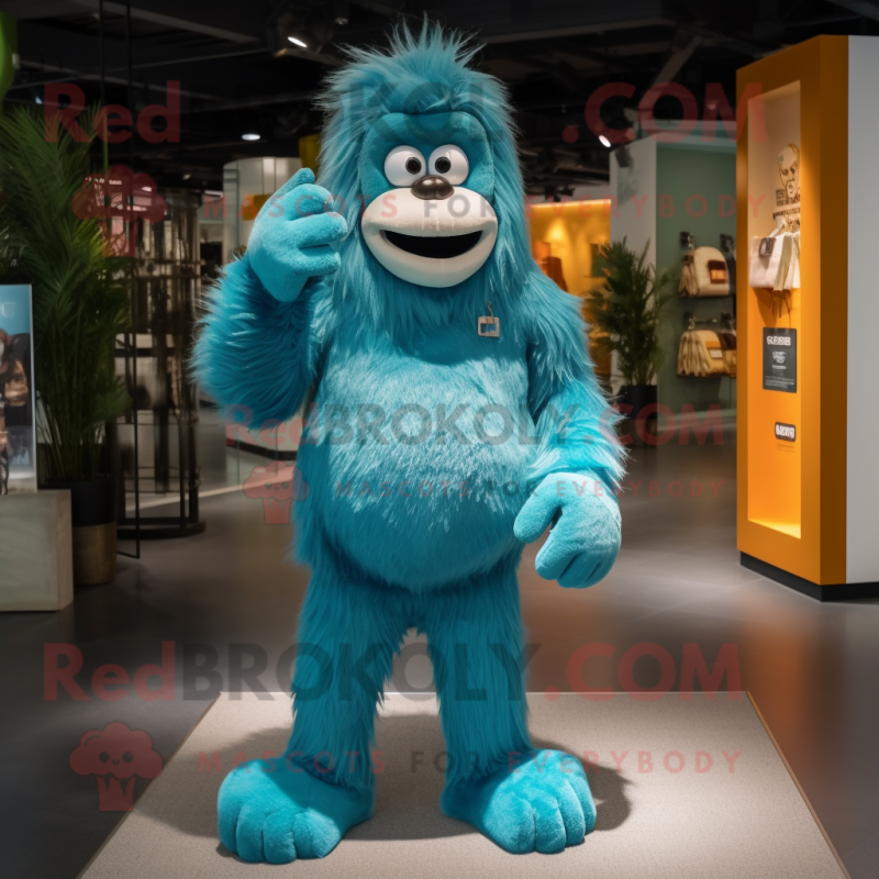 Cyan Orangutan mascot costume character dressed with a Bootcut Jeans and Earrings