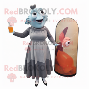 Gray Clown Fish mascot costume character dressed with a Cocktail Dress and Handbags