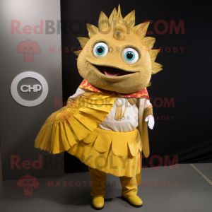 Gold Ceviche mascot costume character dressed with a Chinos and Shawl pins