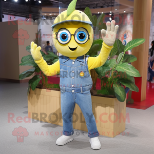 Olive Lemon mascot costume character dressed with a Denim Shirt and Bracelets