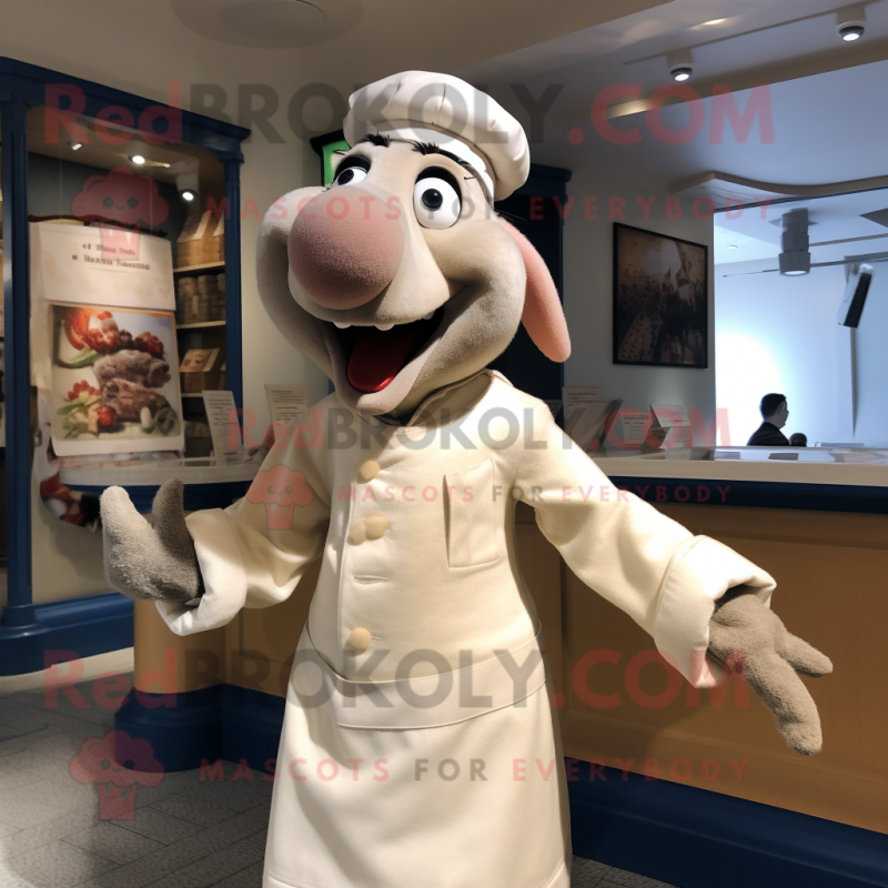 Beige Ratatouille mascot costume character dressed with a Suit and Beanies