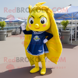 Navy Lemon mascot costume character dressed with a Flare Jeans and Hair clips