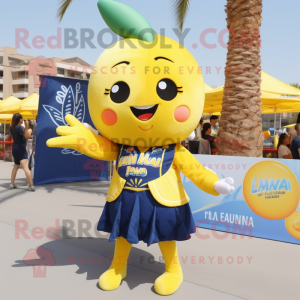 Navy Lemon mascot costume character dressed with a Flare Jeans and Hair clips