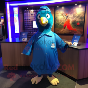 Blue Pigeon mascot costume character dressed with a Polo Shirt and Headbands