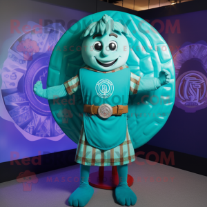 Turquoise Celtic Shield mascot costume character dressed with a Button-Up Shirt and Ties