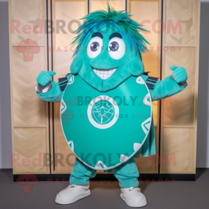Turquoise Celtic Shield mascot costume character dressed with a Button-Up Shirt and Ties