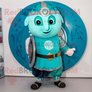 Turquoise Celtic Shield mascot costume character dressed with a Button-Up Shirt and Ties