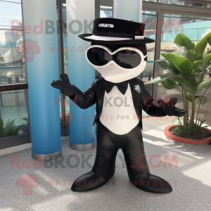 nan Killer Whale mascot costume character dressed with a Suit Pants and Sunglasses