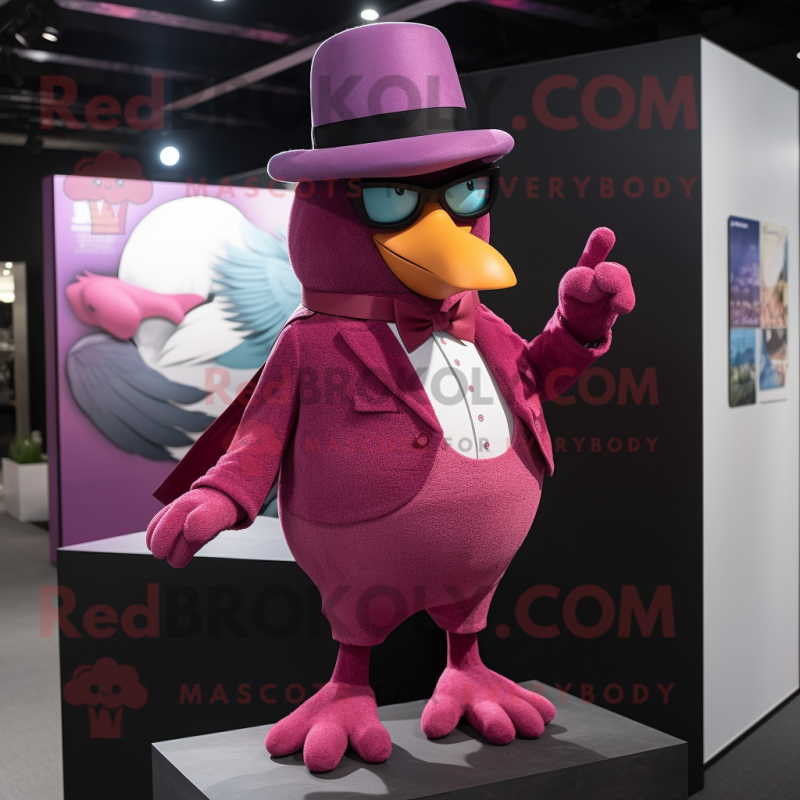 Magenta Pigeon mascot costume character dressed with a Suit Pants and Hat pins