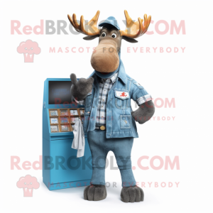 Cyan Moose mascot costume character dressed with a Denim Shirt and Wallets