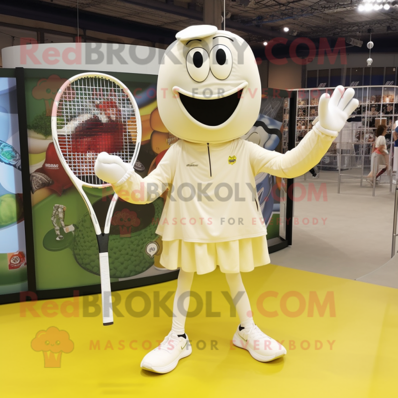 Cream Tennis Racket mascot costume character dressed with a Long Sleeve Tee and Anklets