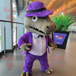 Purple Stegosaurus mascot costume character dressed with a Dress Shirt and Hat pins