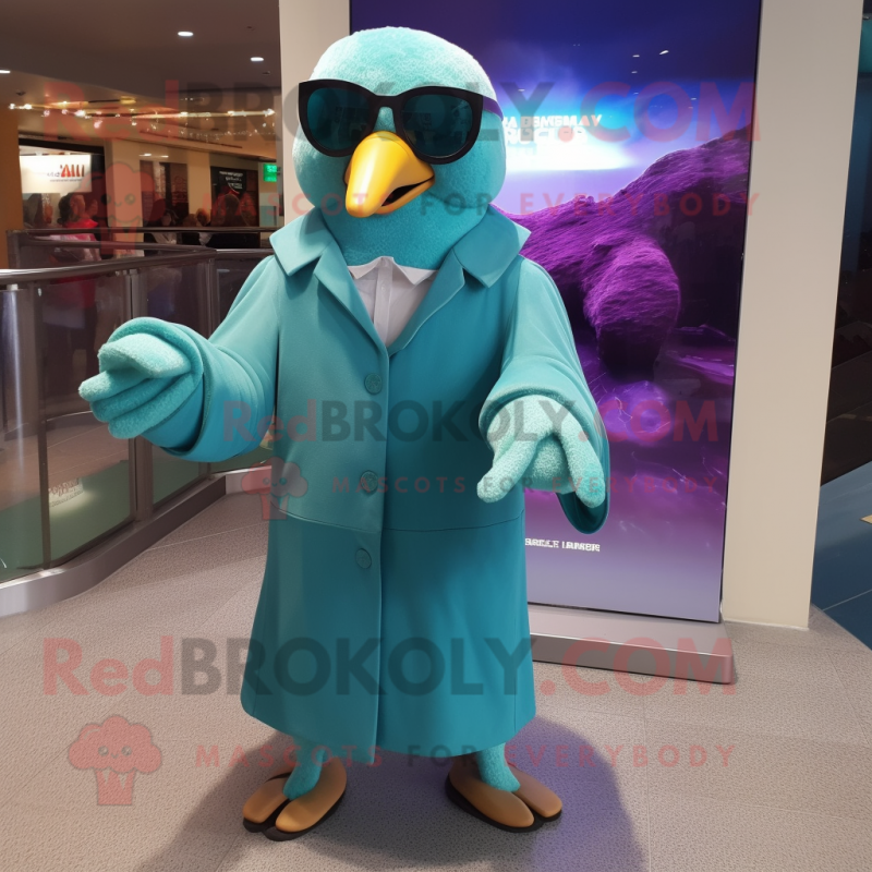 Teal Pigeon mascot costume character dressed with a Coat and Sunglasses