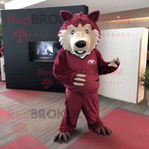 Maroon Wild Boar mascot costume character dressed with a Henley Shirt and Tie pins