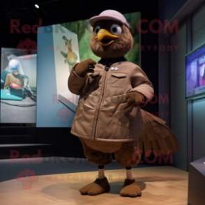 Brown Pigeon mascot costume character dressed with a Windbreaker and Watches