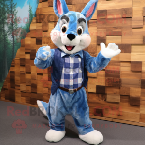 Blue Wild Rabbit mascot costume character dressed with a Flannel Shirt and Gloves