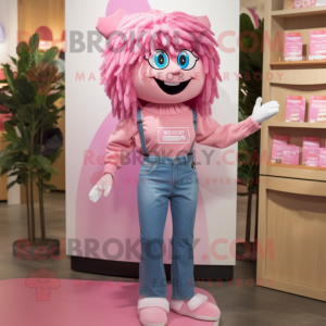 Pink Chocolates mascot costume character dressed with a Mom Jeans and Hair clips