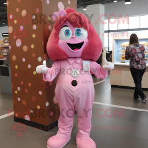 Pink Chocolates mascot costume character dressed with a Mom Jeans and Hair clips