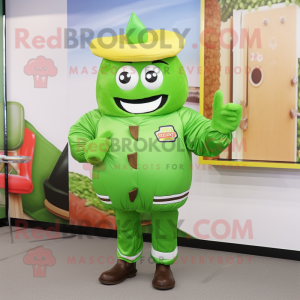 Lime Green Burgers mascot costume character dressed with a Parka and Belts