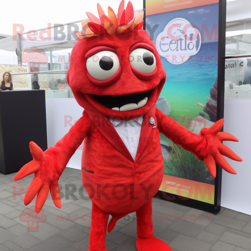Red Ceviche mascot costume character dressed with a Suit and Earrings