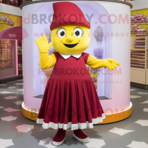 Maroon Lemon mascot costume character dressed with a Pleated Skirt and Caps