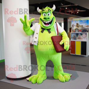 Lime Green Devil mascot costume character dressed with a Dress Shirt and Messenger bags