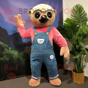 Pink Sloth mascot costume character dressed with a Denim Shirt and Mittens