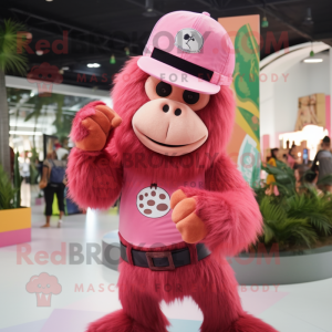 Pink Orangutan mascot costume character dressed with a Tank Top and Hats