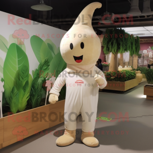 Beige Radish mascot costume character dressed with a Jumpsuit and Watches