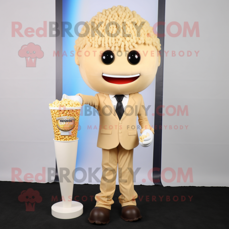 Beige Pop Corn mascot costume character dressed with a Blazer and Necklaces