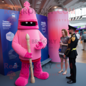 Pink British Royal Guard mascot costume character dressed with a Cover-up and Watches