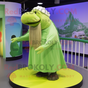 Lime Green Walrus mascot costume character dressed with a Pleated Skirt and Berets