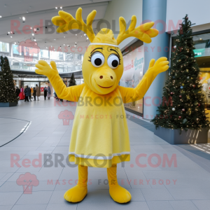 Lemon Yellow Reindeer mascot costume character dressed with a Mini Dress and Scarves