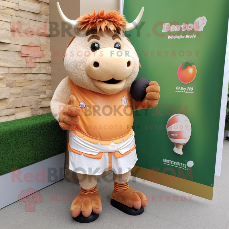 Peach Buffalo mascot costume character dressed with a Polo Shirt and Wraps