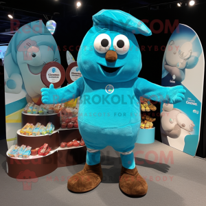 Turquoise Chocolates mascot costume character dressed with a Board Shorts and Coin purses