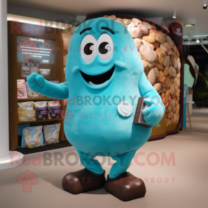 Turquoise Chocolates mascot costume character dressed with a Board Shorts and Coin purses