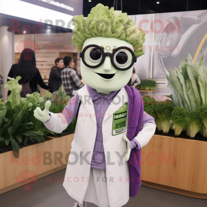 Lavender Caesar Salad mascot costume character dressed with a Jacket and Eyeglasses