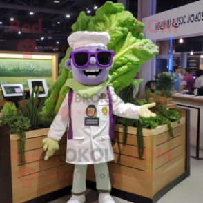 Lavender Caesar Salad mascot costume character dressed with a Jacket and Eyeglasses