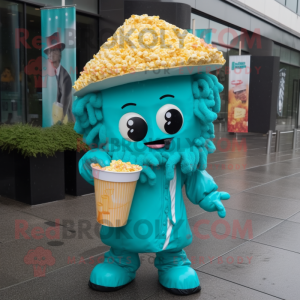 Teal Pop Corn mascot costume character dressed with a Raincoat and Hairpins