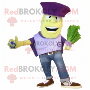 Purple Caesar Salad mascot costume character dressed with a Jeans and Shoe clips