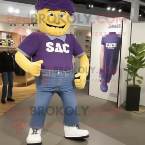 Purple Caesar Salad mascot costume character dressed with a Jeans and Shoe clips